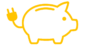 Logo minimalista de Plug Savings con silueta de una hucha y cola en forma de enchufe eléctrico amarillo, representando el ahorro en coches eléctricos y movilidad sostenible.